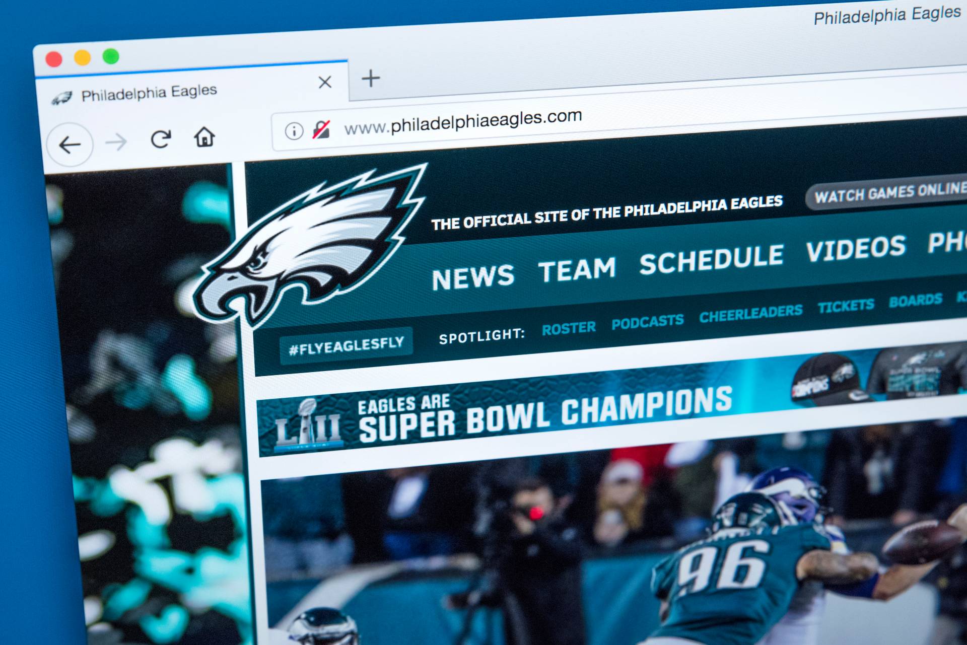The homepage of the official website for the Philadelphia Eagles